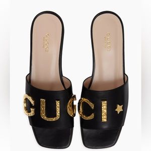 Gucci Cara Logo Leather Flat Slides- Black/ Gold